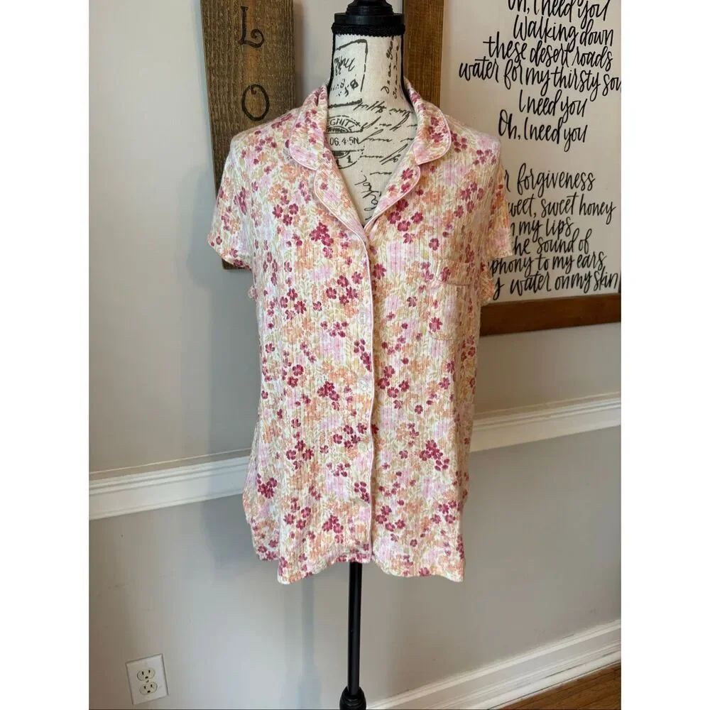 Laura Ashley Women's Floral Knit Short Sleeve Pajama Button-Up Top Pink Large